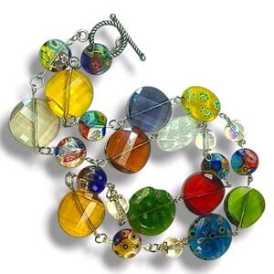 Millefiori Art Glass & Crystal Beaded Necklace 21" Toggle Clasp